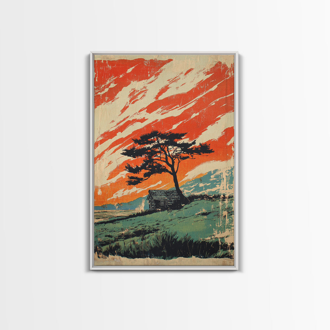 Lone Tree Cabin And Orange Mountain Sky Wall Art, Rustic Landscape Print, Western Home Decor, Statement Framed Canvas Print
