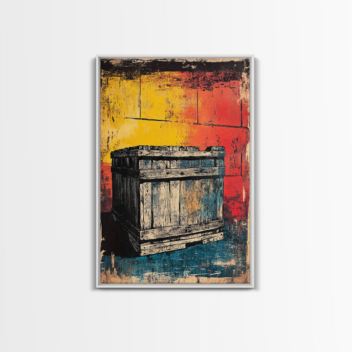 Weathered Wooden Crate Still Life Wall Art, Rustic Industrial Decor, Farmhouse Kitchen Print, Bold Color Canvas Print, Housewarming Gift