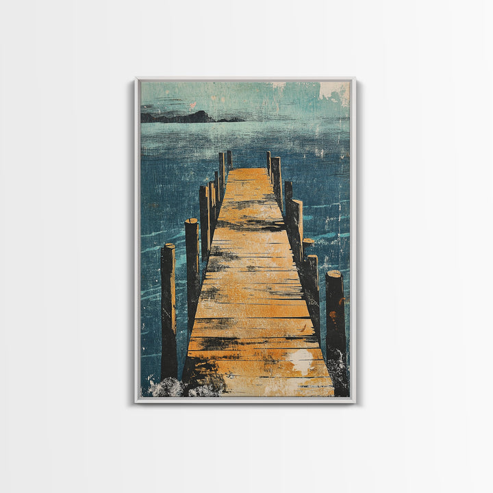 Wooden Dock Over Blue Lake Wall Art, Coastal Pier Landscape Print, Lake House Decor, Nautical Framed Canvas Print, Living Room Decor