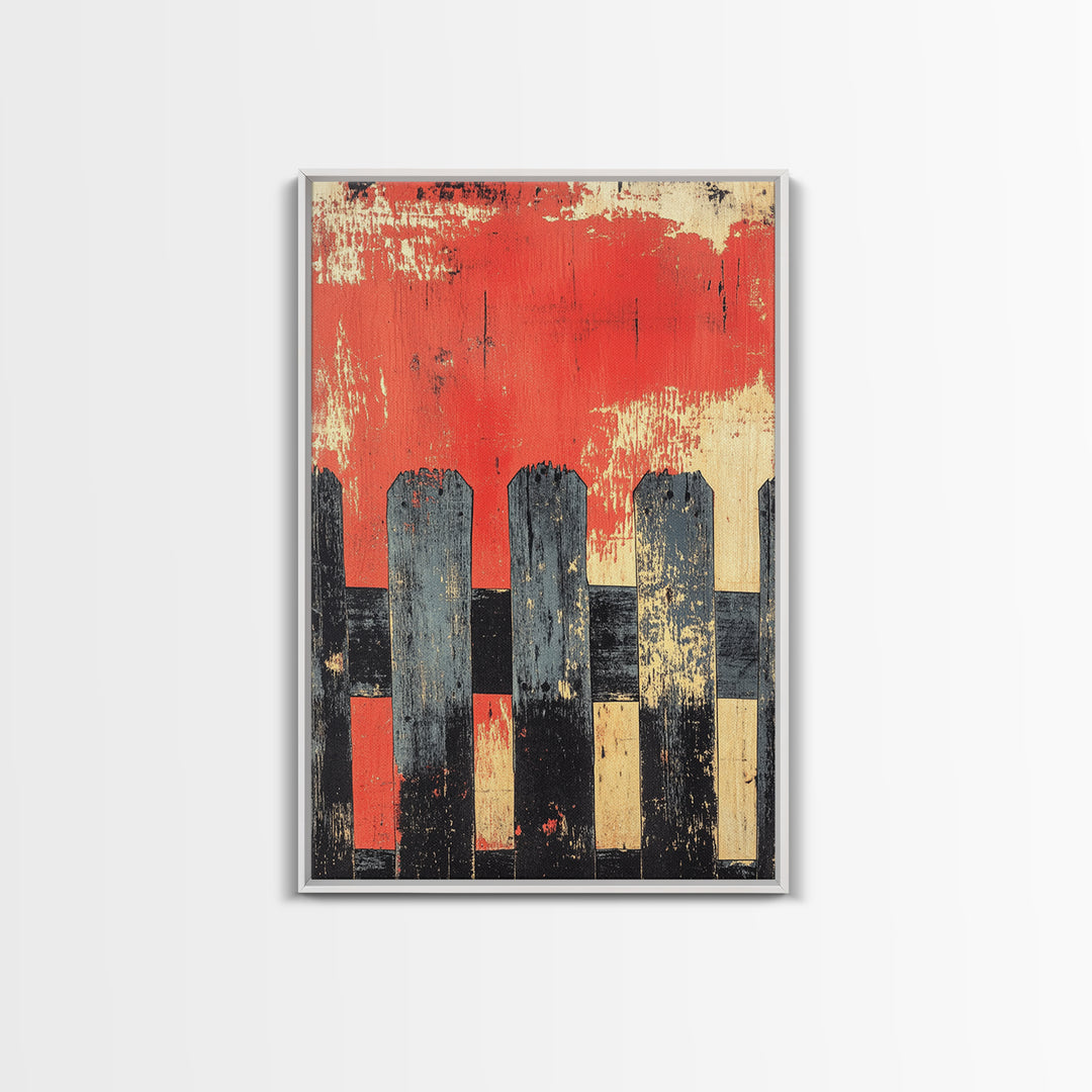 Black Picket Fence On Red Background Wall Art, Rustic Abstract Print, Farmhouse Wall Decor, Modern Canvas Print, Bold Home Decor