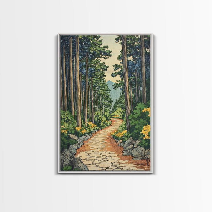 Pine Forest Path With Yellow Flowers Wall Art, Nature Landscape Print, Cabin Decor, Peaceful Framed Canvas Print, Living Room Decor