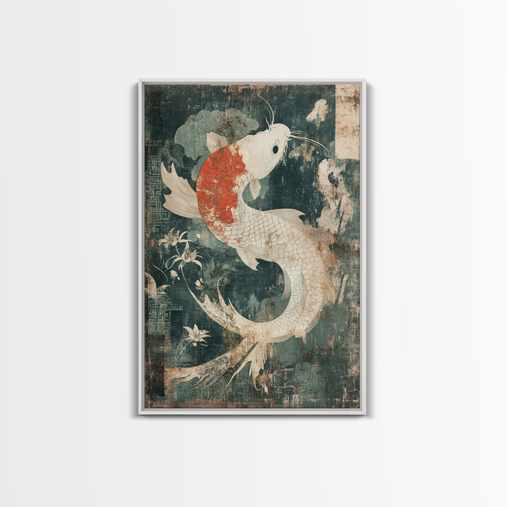 White And Orange Koi Fish Framed Canvas Print, Japanese Wall Art, Zen Home Decor, Asian Inspired Living Room Decor, Koi Wall Decor