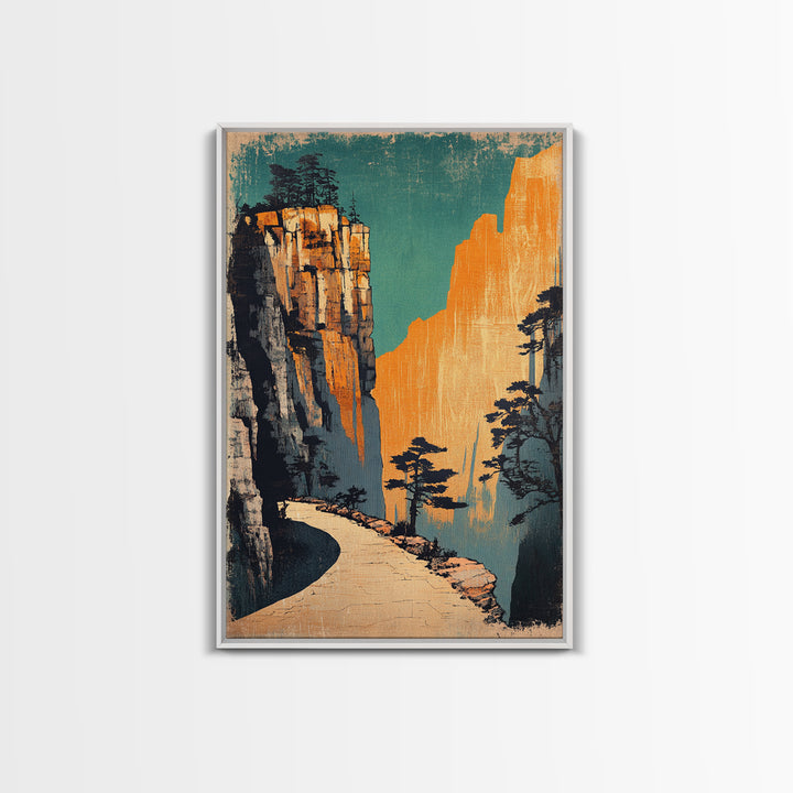 Golden Mountain Path Framed Canvas Print, Japanese Landscape Wall Art, Japandi Decor, Nature Wall Art, Entryway Wall Decor