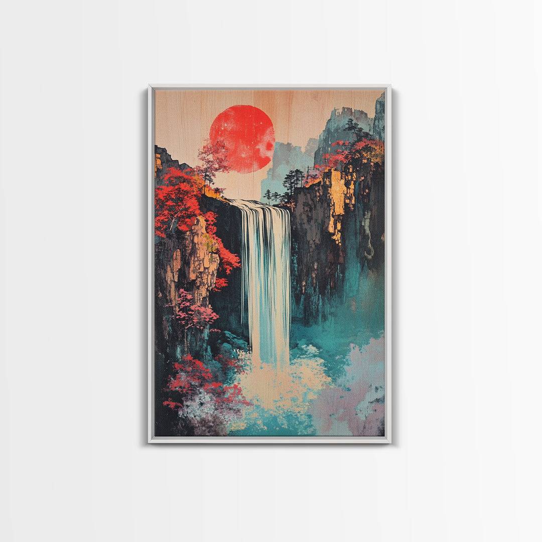Red Sun Waterfall Mountain Landscape Wall Art, Japanese Woodblock Print Style, Teal Coastal Decor, Zen Living Room Art Print