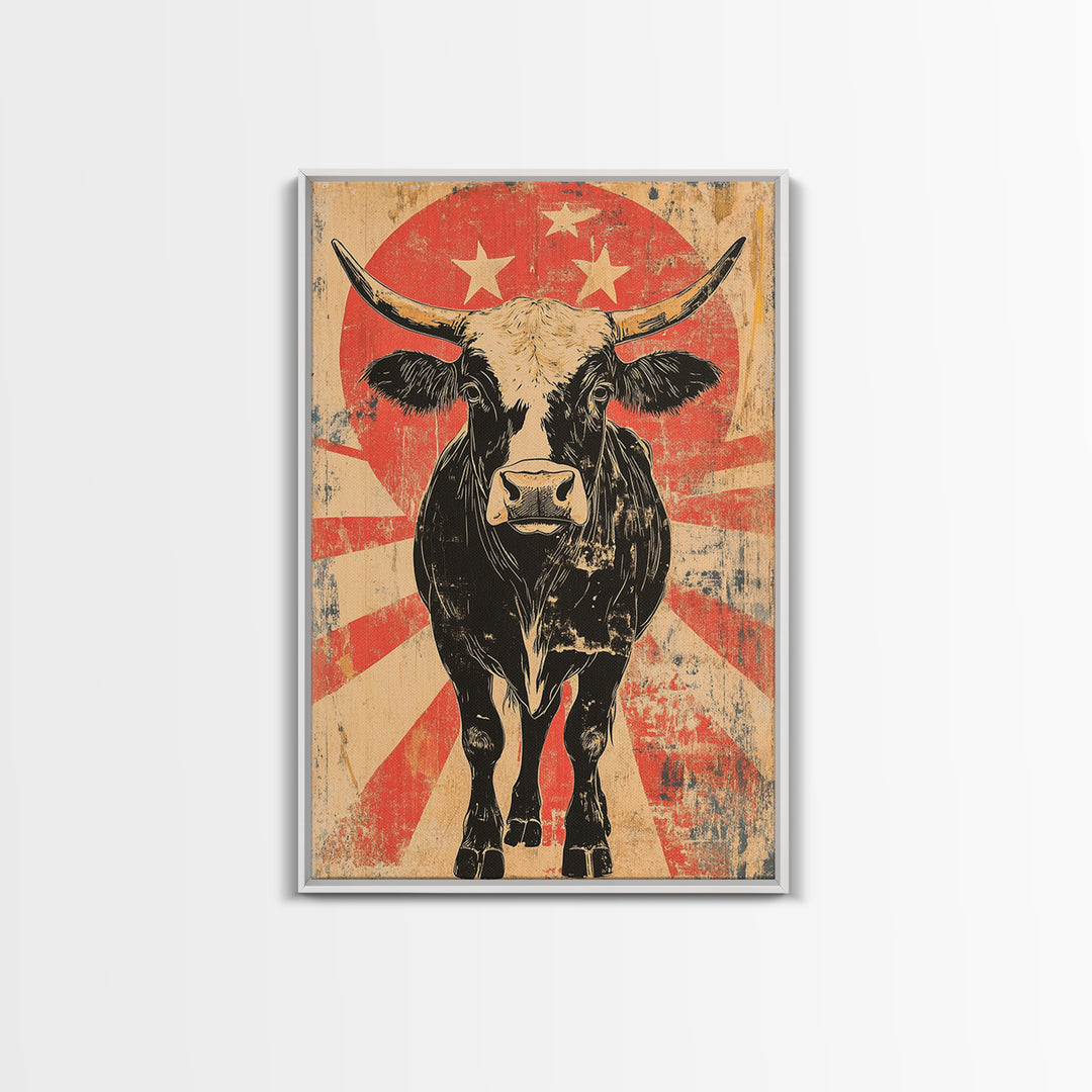 Black Longhorn Bull Retro Western Wall Art, Rustic Farmhouse Cowboy Canvas Print, Bold Animal Print, Man Cave Home Decor, Gift For Him