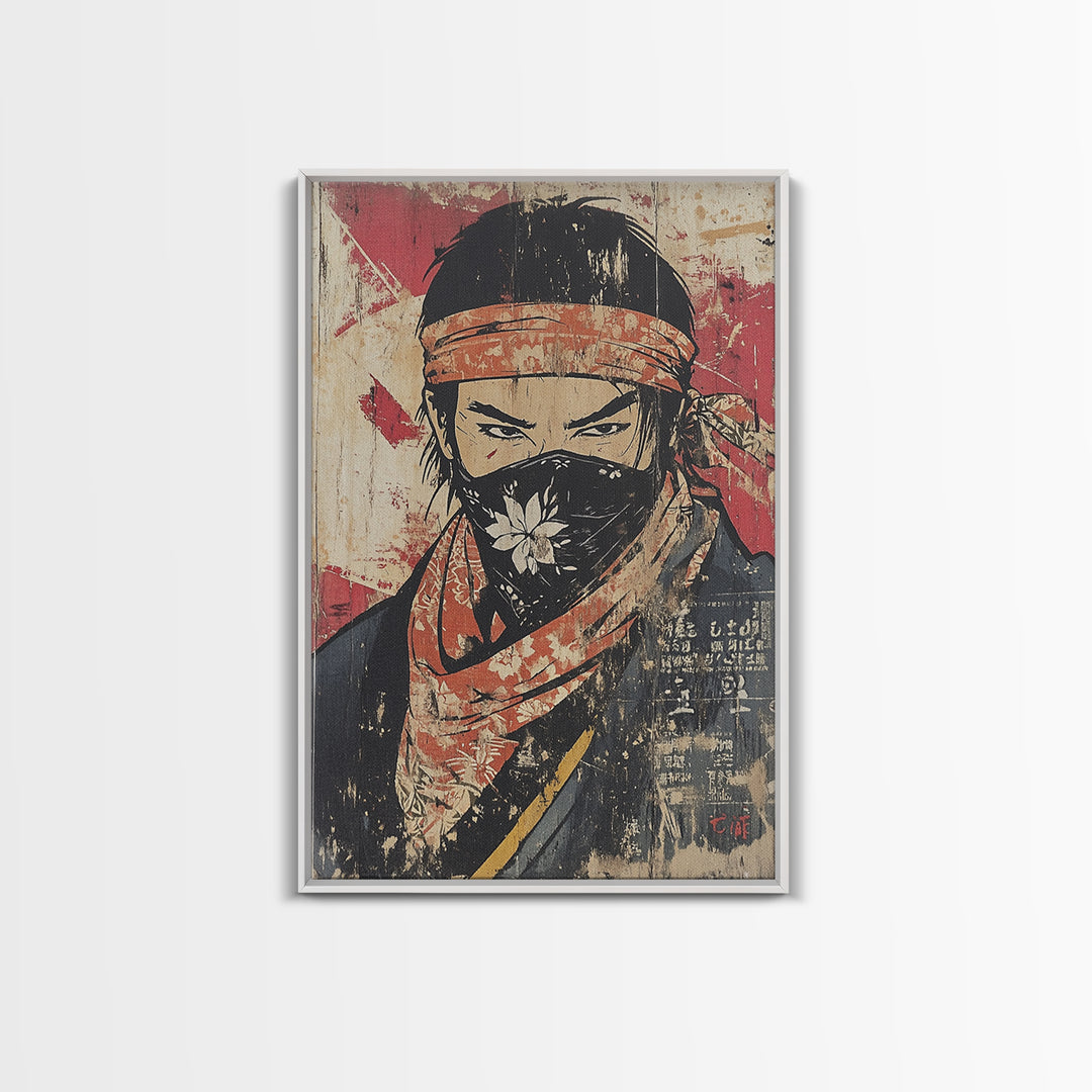 Masked Samurai Warrior Portrait Wall Art, Japanese Ink Style Canvas Print, Dark Academia Decor, Bold Asian Wall Decor, Gift For Him
