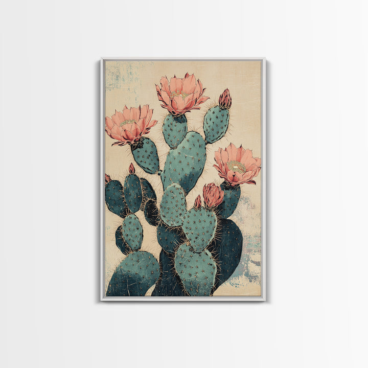 Blooming Prickly Pear Cactus Wall Art, Southwestern Botanical Canvas Print, Pink Floral Desert Decor, Boho Home Decor, Gift For Her