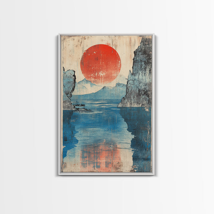 Red Sun Blue Mountain Lake Wall Art, Japanese Woodblock Style Canvas Print, Calm Coastal Landscape Decor For Living Room