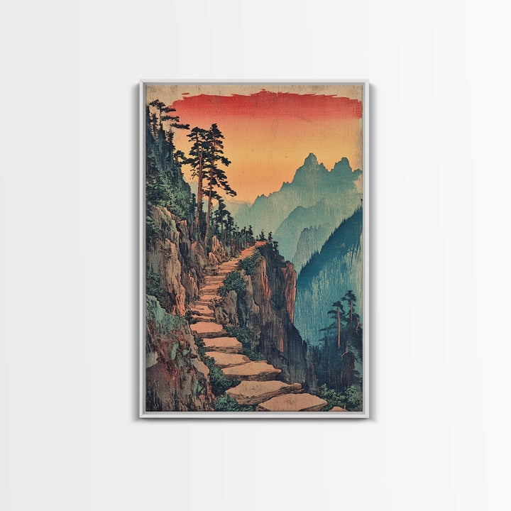 Sunset Mountain Path Pine Forest Wall Art, Japanese Woodblock Landscape Canvas Print, Rustic Nature Decor For Living Room
