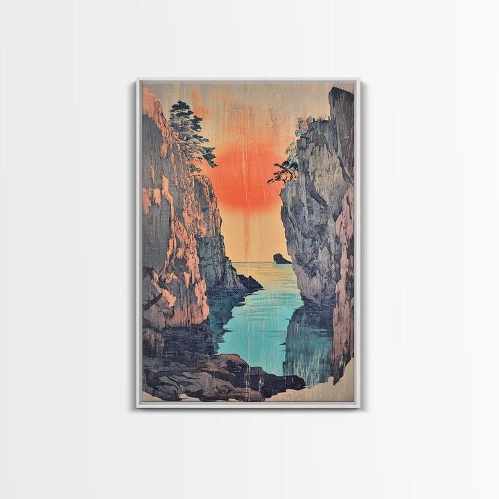 Sunset Sea Canyon Between Cliffs Framed Canvas Print, Japanese Wall Art, Coastal Landscape Poster, Ocean Decor Gift For Her