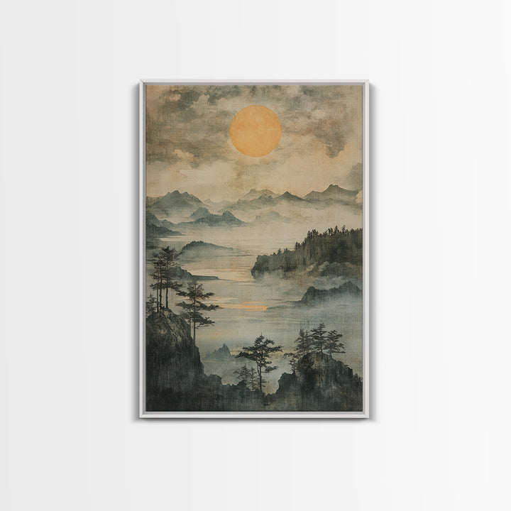 Misty Mountain Lake With Golden Sun Wall Art, Japanese Landscape Canvas Print, Serene Forest Decor, Japandi Home Decor Gift