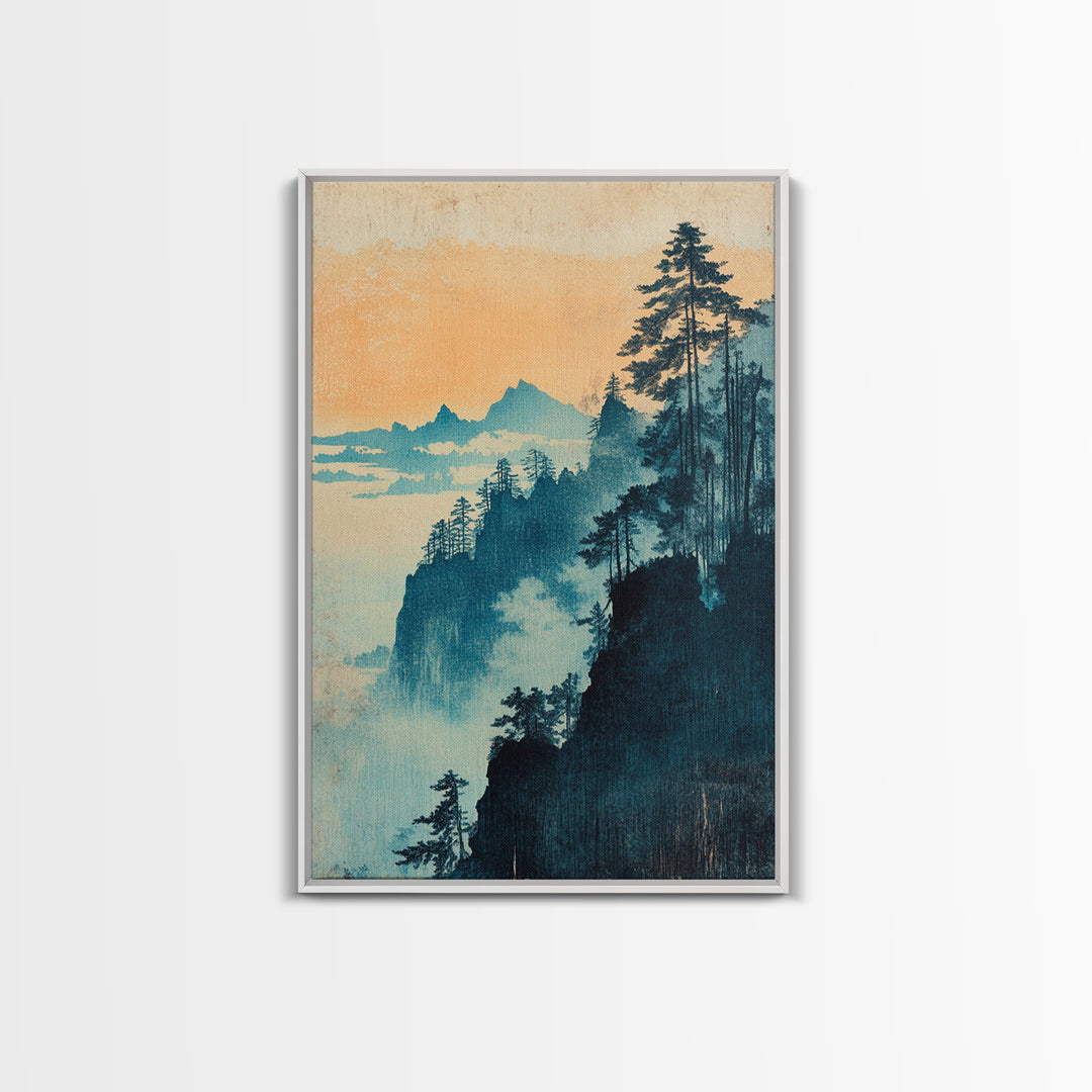 Blue Mist Forested Cliffs At Dawn Canvas Print, Japanese Landscape Wall Art, Nature Wall Decor, Serene Coastal Home Decor