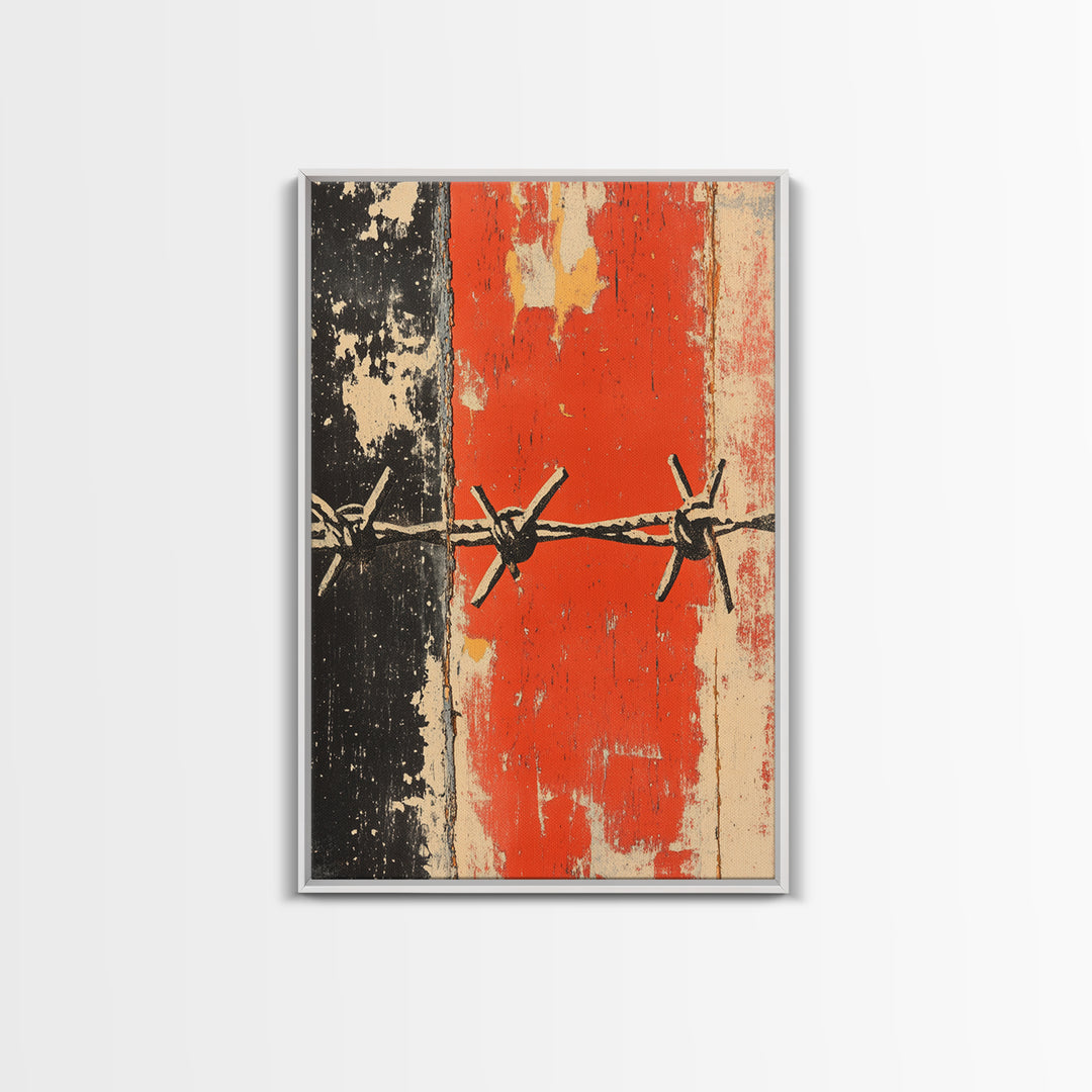 Distressed Barbed Wire On Red Black Wall Art, Industrial Abstract Poster, Edgy Rustic Decor, Modern Canvas Print For Man Cave
