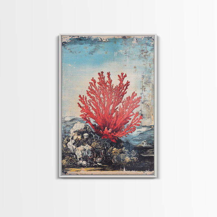Red Sea Fan Coral On Rocks Wall Art, Coastal Ocean Botanical Print, Nautical Beach House Decor, Framed Canvas Print Gift