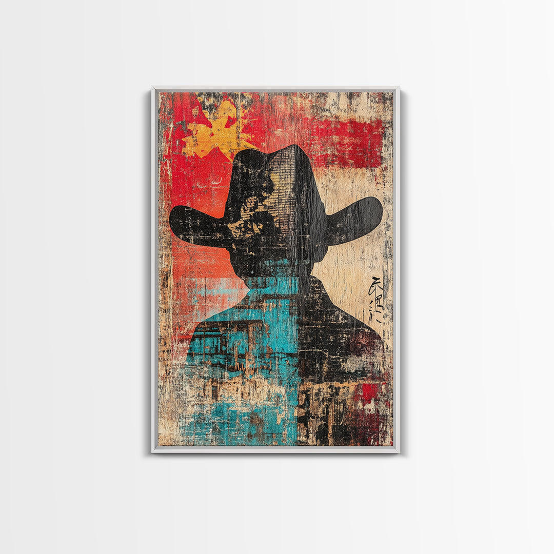 Abstract Cowboy Silhouette Wall Art, Western Canvas Print, Bold Red Teal Rustic Decor, Masculine Southwest Living Room Art