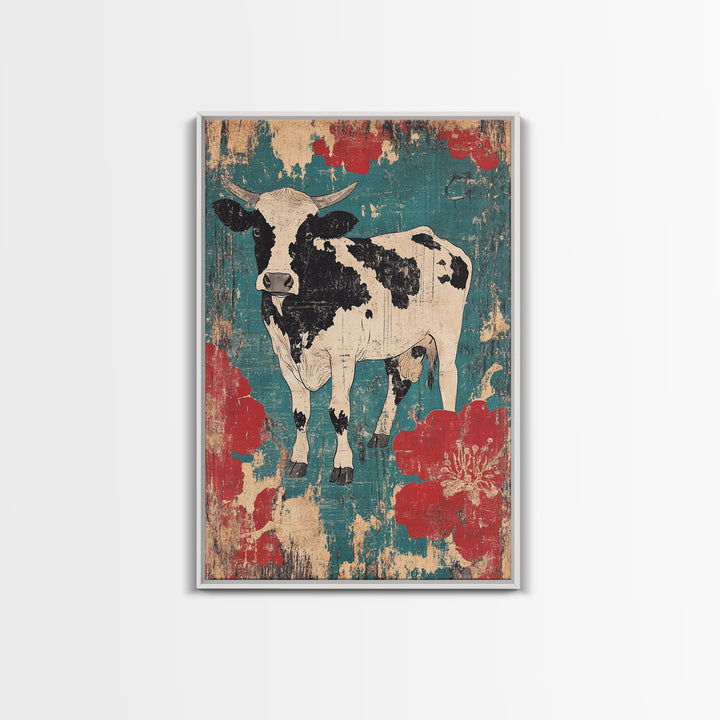 Black And White Cow Wall Art, Floral Farmhouse Canvas Print, Rustic Animal Decor, Teal Red Kitchen Living Room Art, Home Decor