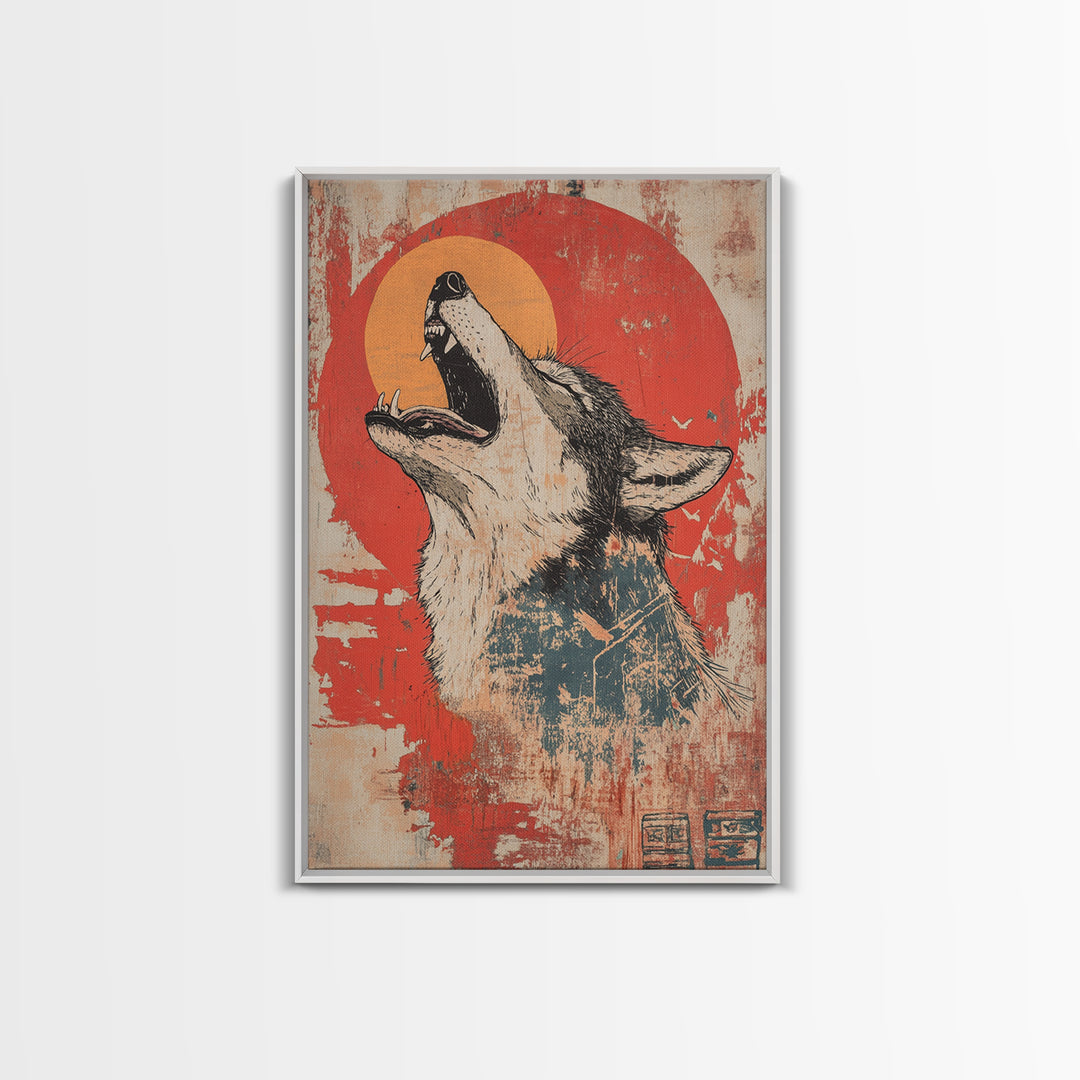 Howling Wolf Red Sun Wall Art, Rustic Wildlife Canvas Print, Southwestern Animal Decor, Moody Cabin Living Room Art Print