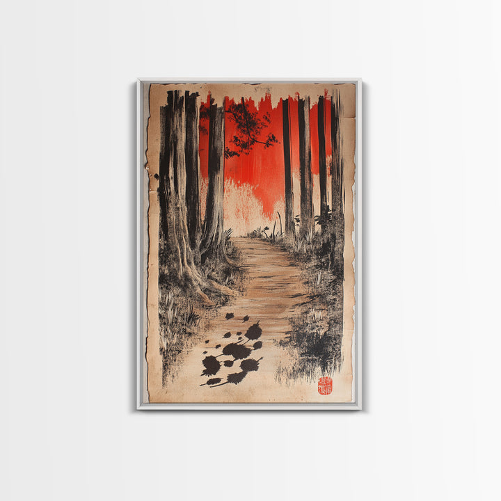Red Sky Forest Path Wall Art, Japanese Landscape Canvas Print, Moody Woodland Decor, Nature Art For Cabin Or Office Decor