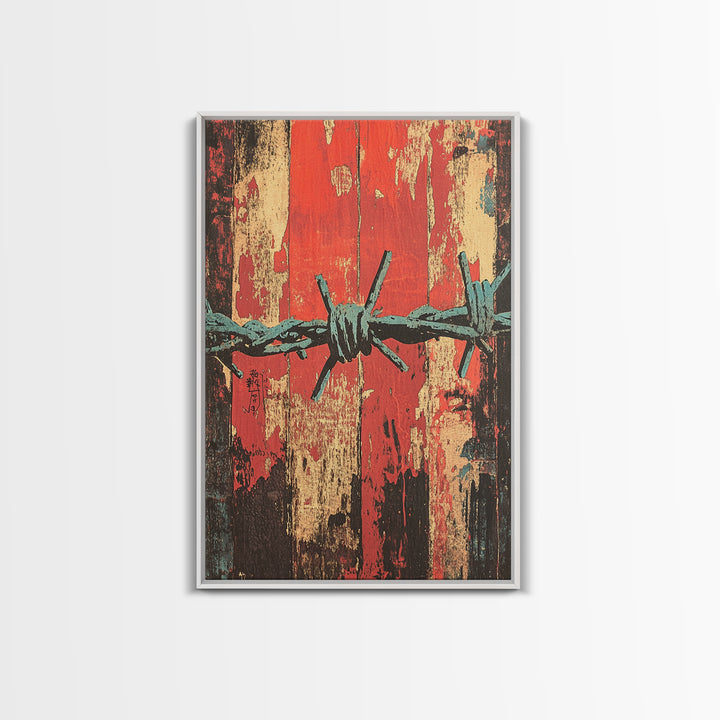 Barbed Wire Abstract Wall Art, Grunge Western Canvas Print, Red Teal Industrial Decor, Bold Rustic Statement Art For Office Decor