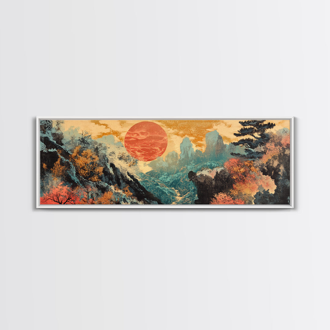 Red Sun Autumn Mountains Japanese Wall Art, Framed Canvas Print, Panoramic Landscape, Japandi Decor, Large Living Room Art