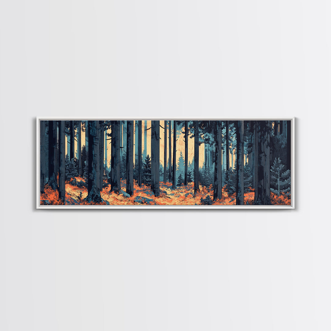 Blue Pine Forest With Orange Leaves Wall Art, Long Horizontal Canvas Print, Woodland Nature Decor, Moody Living Room Art