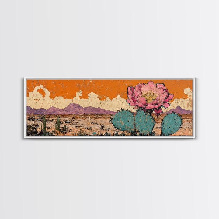 Pink Prickly Pear Cactus Desert Wall Art, Framed Canvas Print, Southwestern Decor, Orange Landscape, Gift For Plant Lover