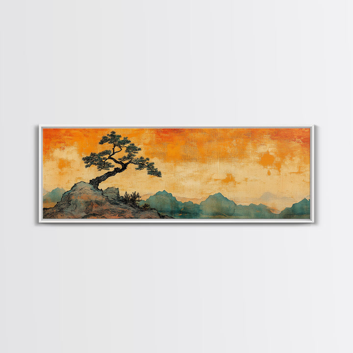 Lone Windblown Pine Orange Mountain Wall Art, Panoramic Canvas Print, Japandi Landscape Decor, Asian Inspired Home Decor