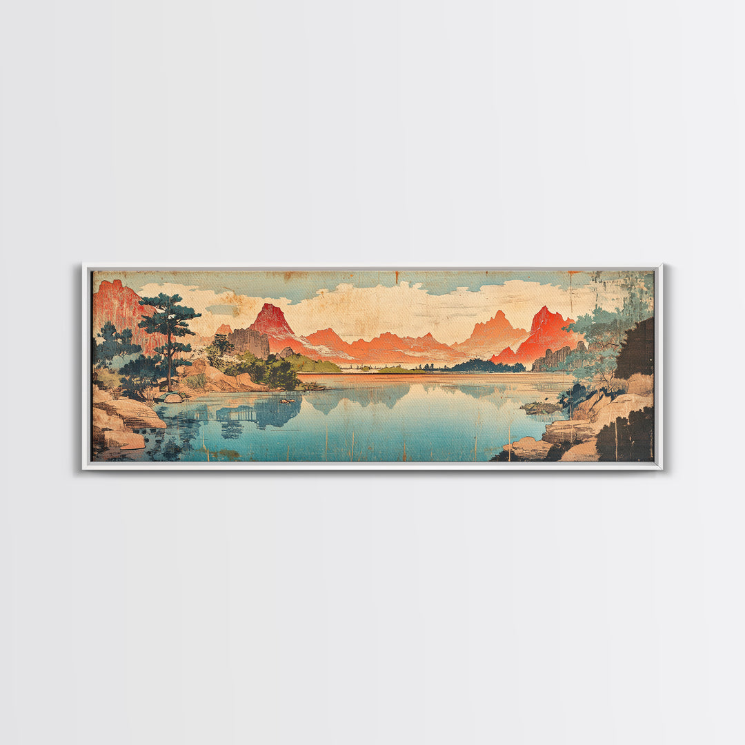 Red Peaks Reflecting In Lake Landscape Wall Art, Wide Horizontal Canvas Print, Japanese Inspired Decor, Large Living Room Art
