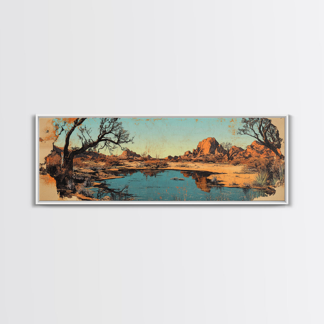 Southwestern Desert Lake Reflection Wall Art, Long Horizontal Canvas Print, Rustic Landscape, Warm Earth Tone Living Room Decor