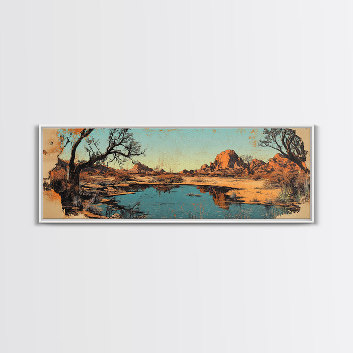 Southwestern Desert Lake Reflection Wall Art, Long Horizontal Canvas Print, Rustic Landscape, Warm Earth Tone Living Room Decor