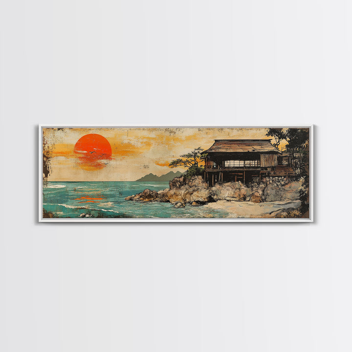 Japanese Seaside House Orange Sunset Wall Art, Framed Canvas Print, Coastal Ocean Landscape, Beach House Living Room Decor