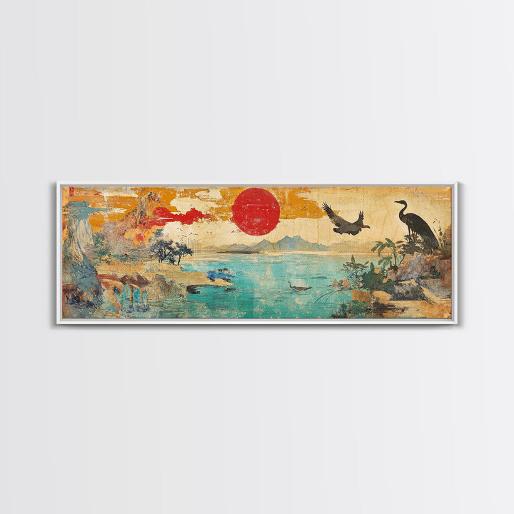 Red Sun Coastal Crane And Deer Wall Art, Panoramic Canvas Print, Japanese Landscape, Bird Wildlife Decor For Living Room