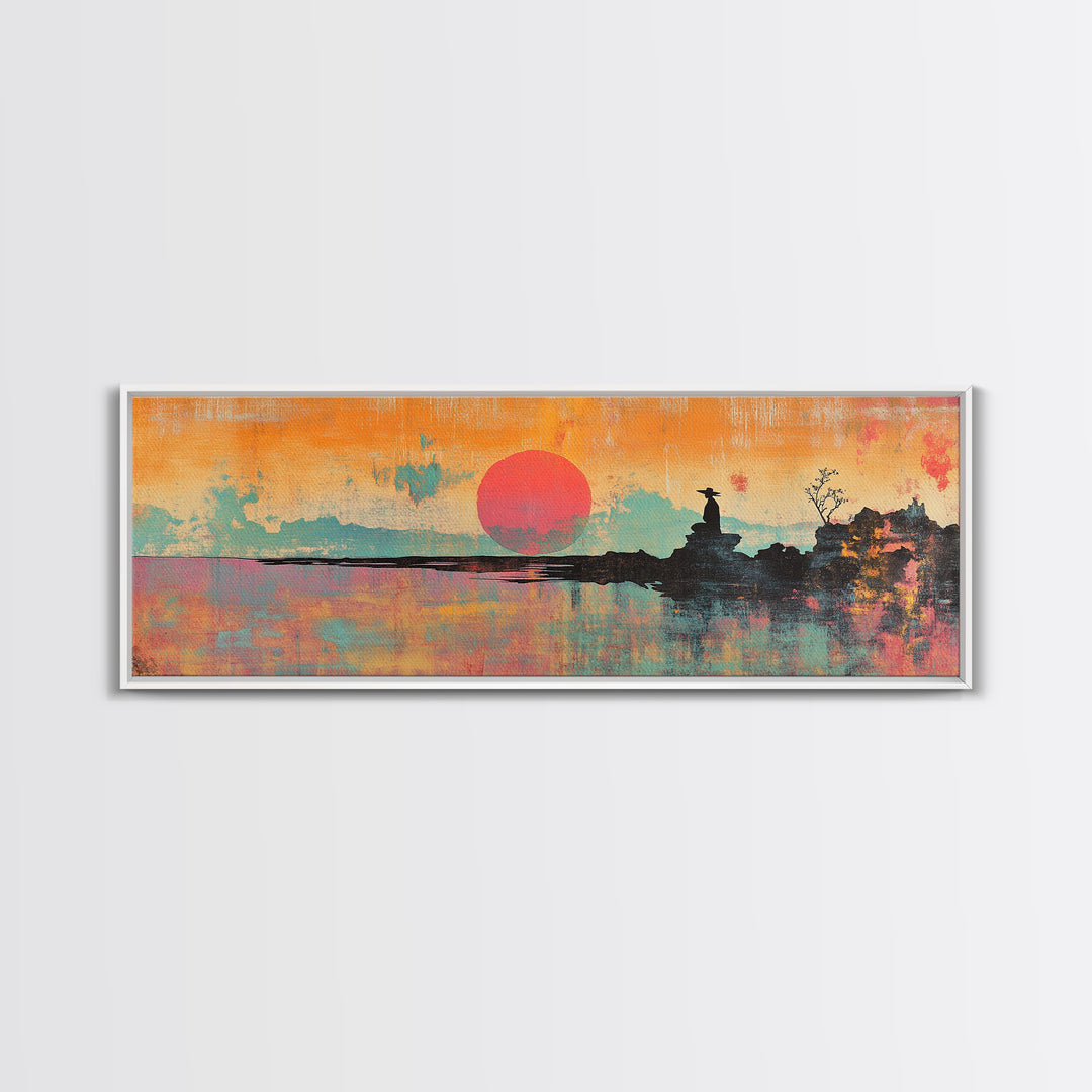 Abstract Orange Sun Over Still Water Wall Art, Framed Canvas Print, Minimalist Seascape, Japandi Modern Coastal Bedroom Decor