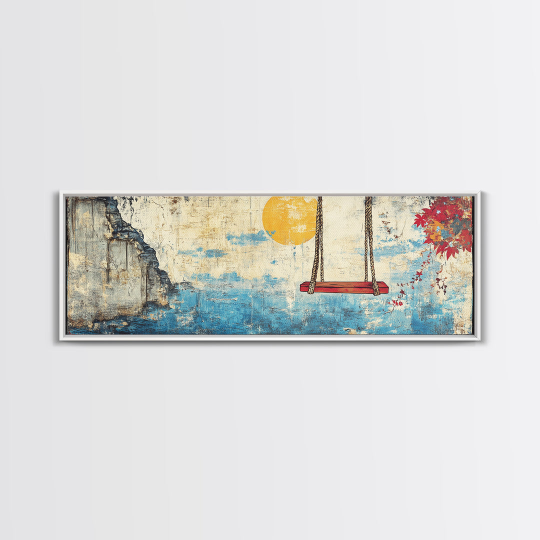 Ocean Cliff Swing Yellow Moon Wall Art, Long Horizontal Canvas Print, Coastal Blue Seascape, Japanese Minimalist Bedroom Decor