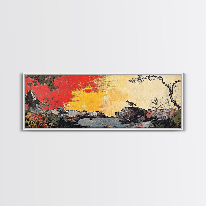 Crow On Rocky Japanese Garden Wall Art, Red Sunset Landscape Print, Asian Inspired Decor, Large Horizontal Canvas For Living Room