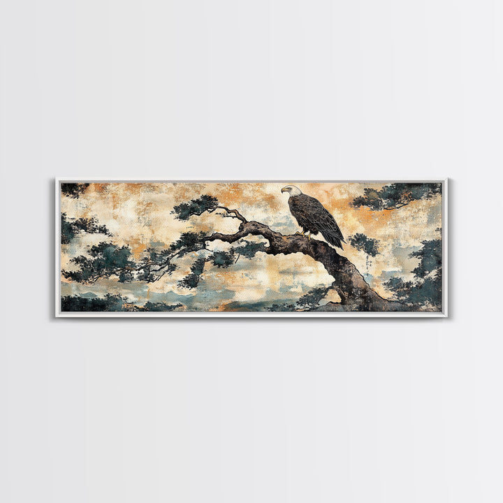 Eagle Pine Branch Wall Art, Japanese Bird Print, Panoramic Wildlife Canvas, Nature Inspired Decor, Office Living Room Art