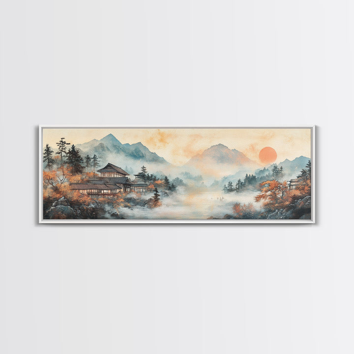 Misty Mountain Temple Framed Canvas Print, Japanese Landscape Art, Zen Lake Wall Decor, Panoramic Living Room Decor Gift