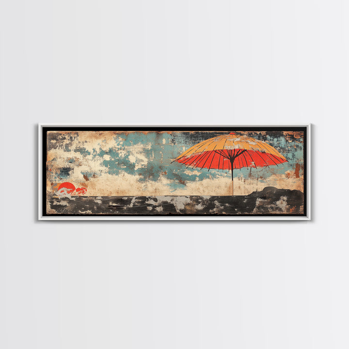 Red Umbrella Seascape Wall Art, Japanese Coastal Print, Minimalist Canvas, Beach House Decor, Asian Living Room Decor Gift