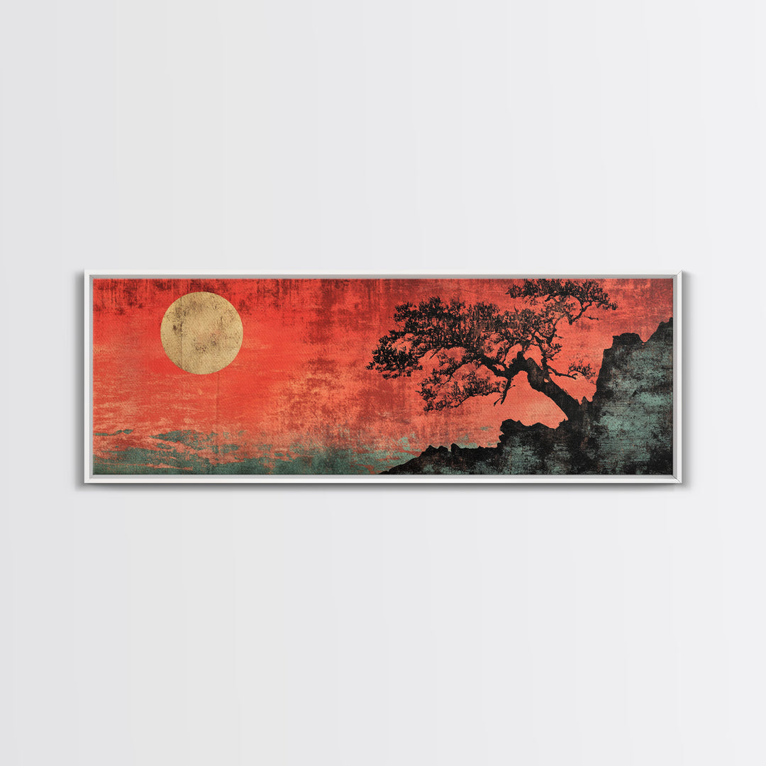 Red Moon Bonsai Silhouette Framed Canvas Print, Japanese Zen Landscape, Moody Wall Art, Asian Decor For Living Room Decor