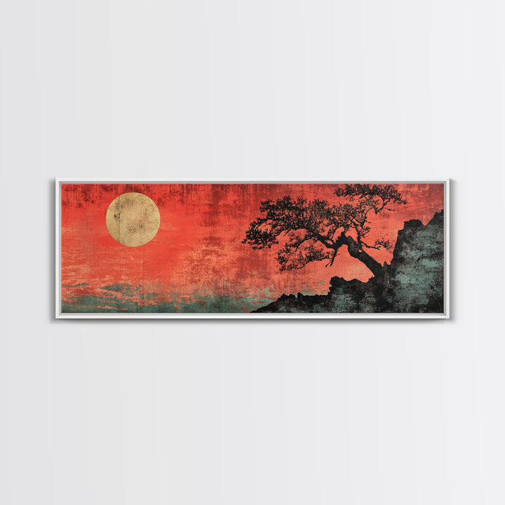 Red Moon Bonsai Silhouette Framed Canvas Print, Japanese Zen Landscape, Moody Wall Art, Asian Decor For Living Room Decor
