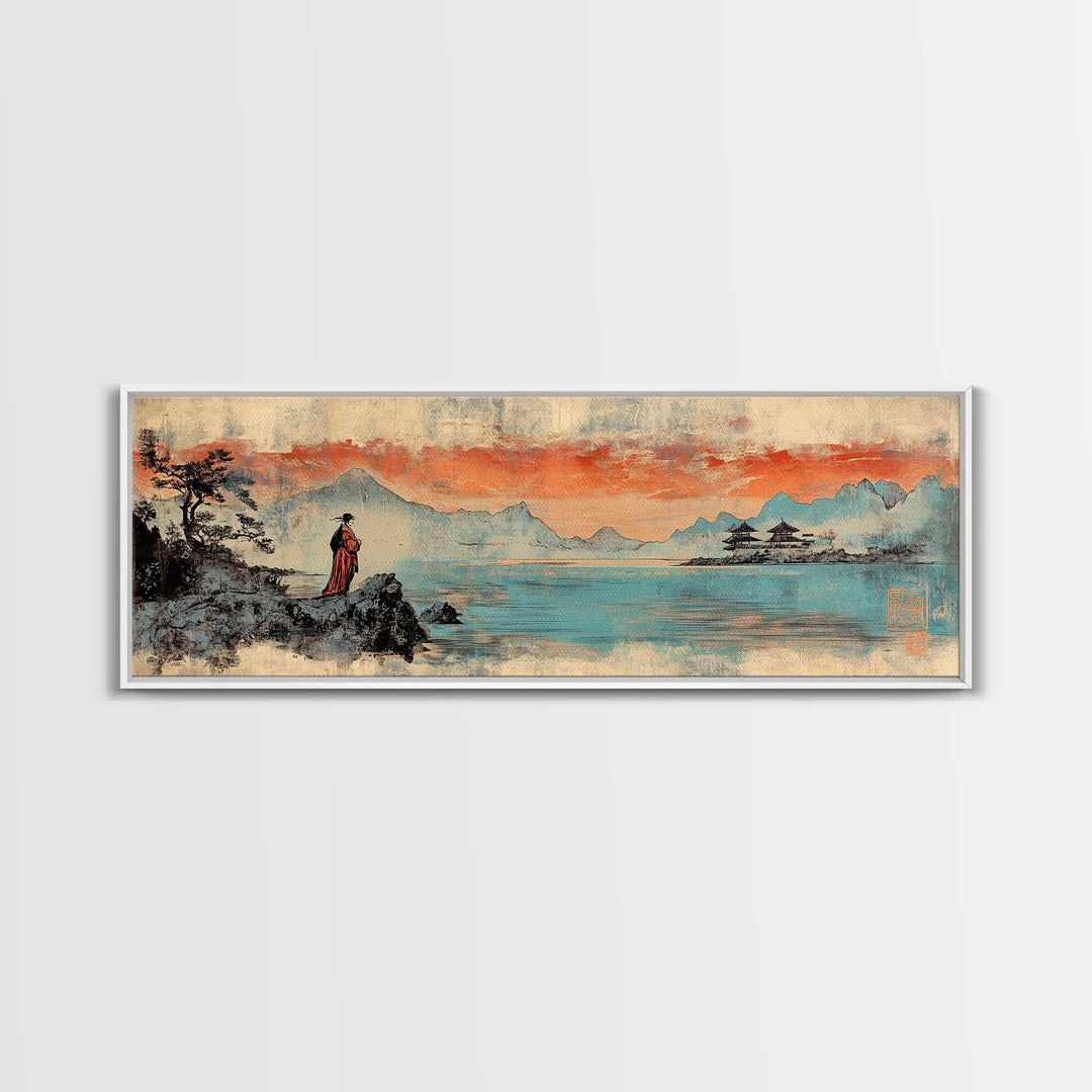 Geisha By Lake Wall Art, Japanese Sunset Landscape Print, Pagoda Canvas, Asian Home Decor, Panoramic Living Room Art Gift
