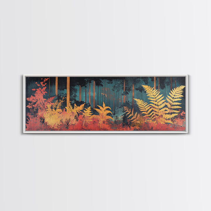 Golden Fern Forest Framed Canvas Print, Japanese Botanical Wall Art, Moody Nature Decor, Panoramic Living Room Artwork Gift