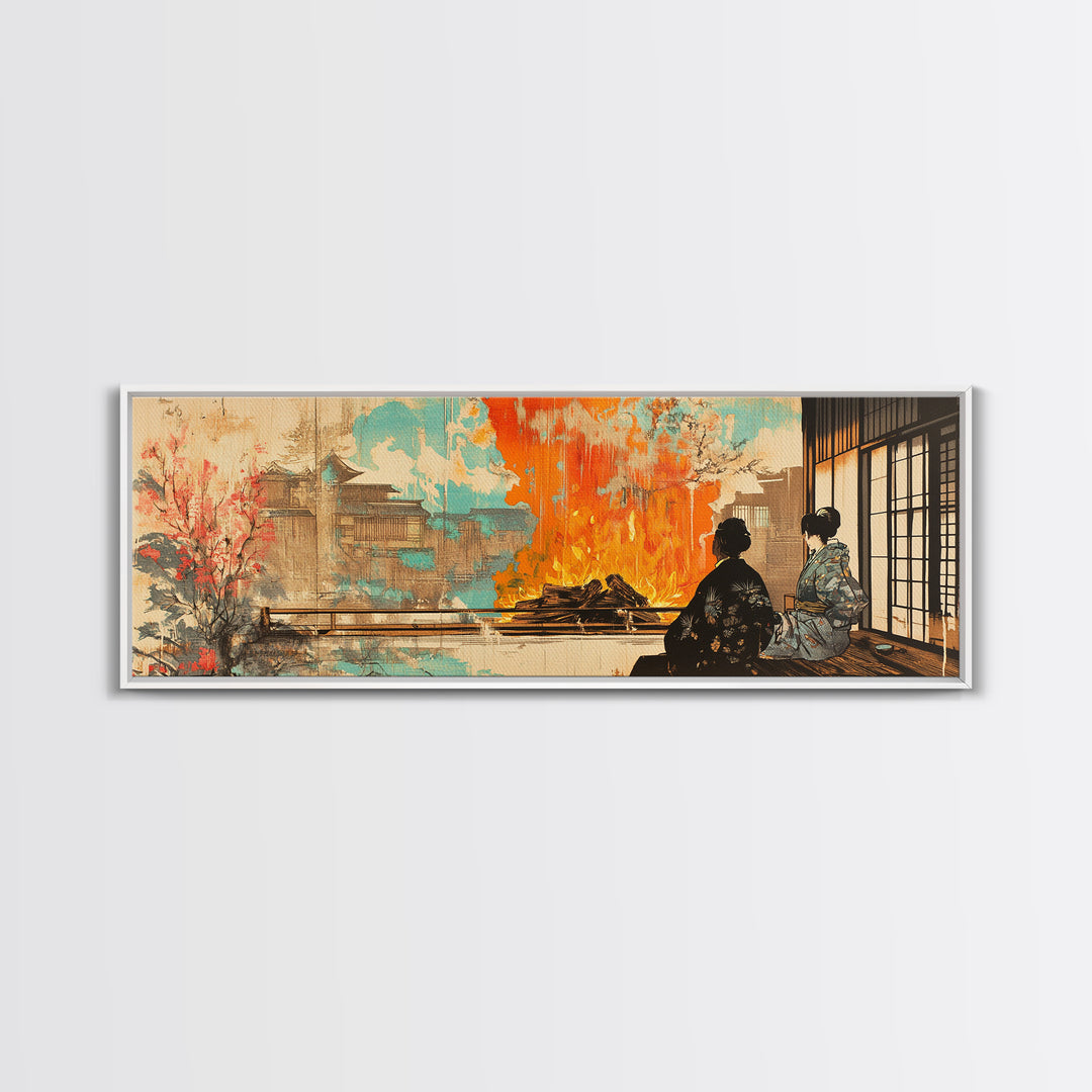 Japanese Tea House Fire Garden Wall Art, Cherry Blossom Pagoda Canvas, Japandi Decor, Asian Landscape, Living Room Art Print