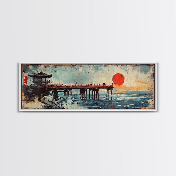 Japanese Pier Red Sun Wall Art, Ocean Waves Canvas Print, Asian Coastal Decor, Pagoda Seascape, Living Room Wall Art Print