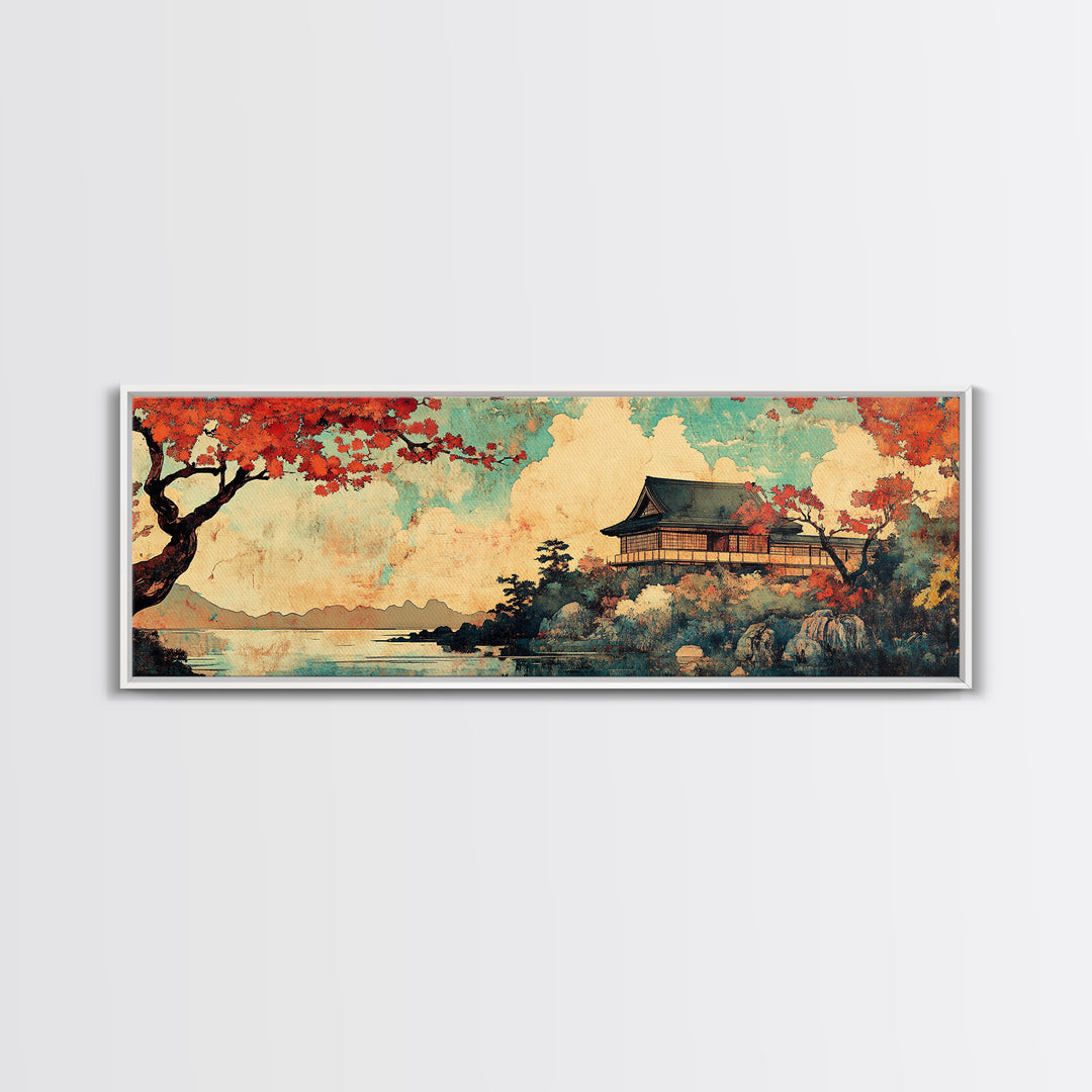 Japanese Temple Red Maple Wall Art, Mount Fuji Lake Canvas Print, Japandi Decor, Asian Landscape, Living Room Wall Art Print