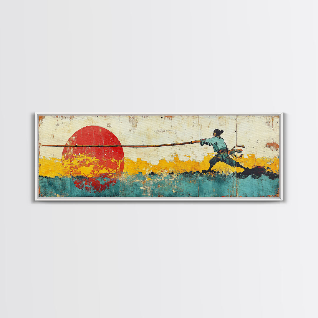 Fisherman Pulling Rope Wall Art, Red Sun Canvas Print, Coastal Landscape, Japanese Inspired Decor, Long Horizontal Art Print