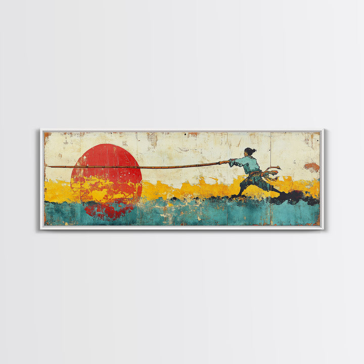 Fisherman Pulling Rope Wall Art, Red Sun Canvas Print, Coastal Landscape, Japanese Inspired Decor, Long Horizontal Art Print