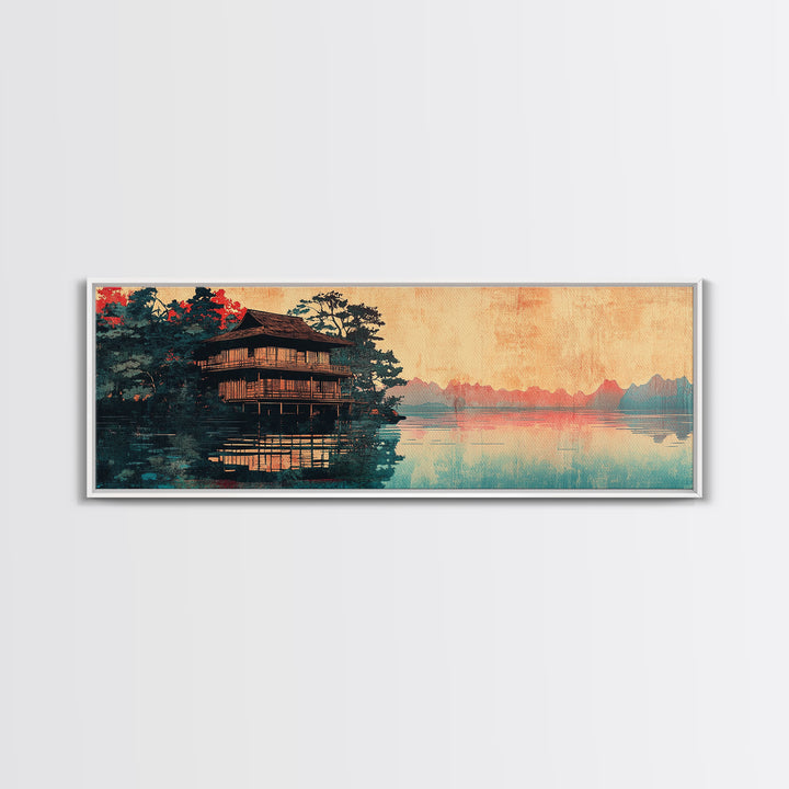 Japanese Pagoda On Misty Lake Wall Art, Panoramic Landscape Print, Asian Inspired Decor, Zen Living Room Wall Decor, Home Decor