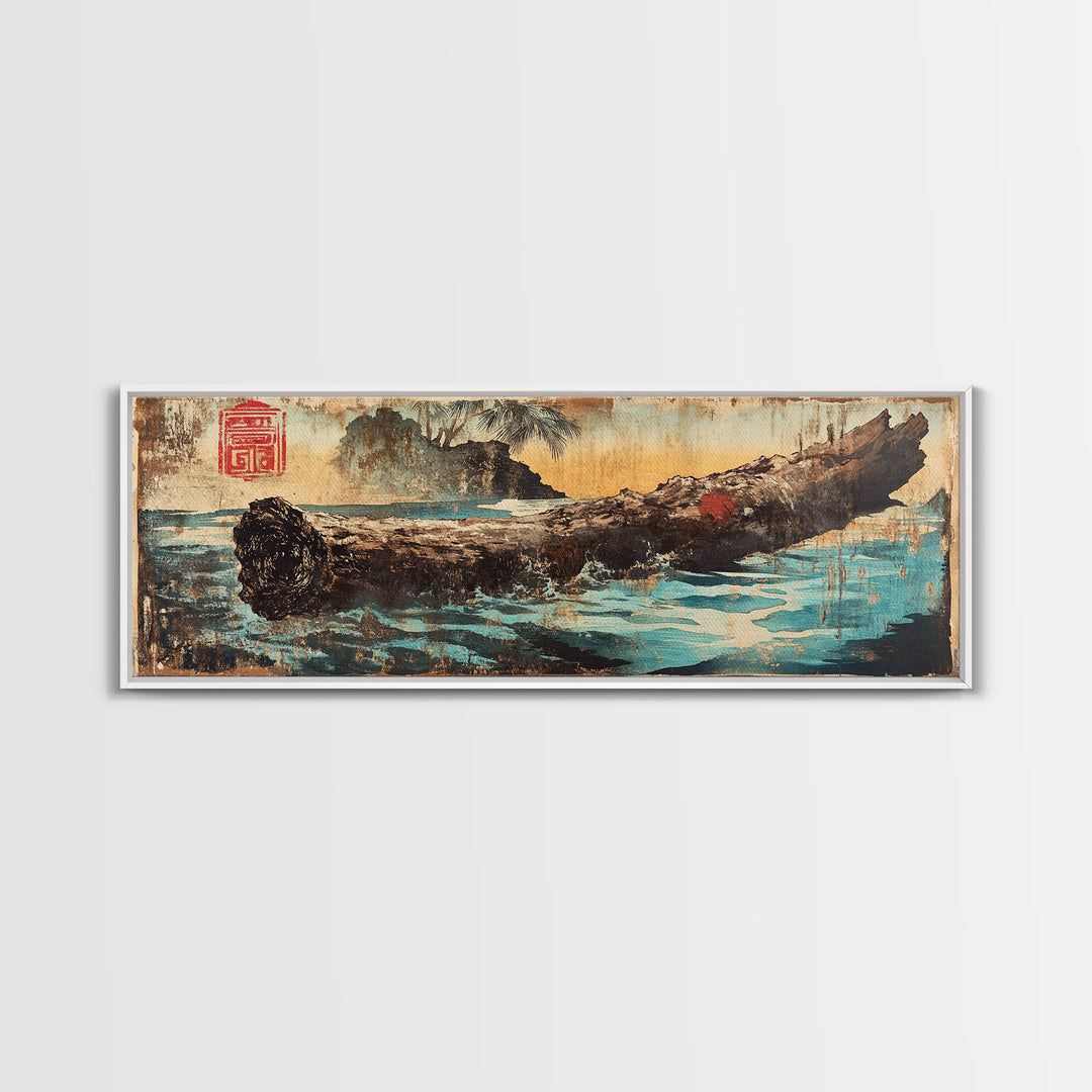Weathered Driftwood Log On Blue Water Canvas Print, Japanese Nature Art, Rustic Coastal Decor, Zen Landscape Wall Art, Home Decor
