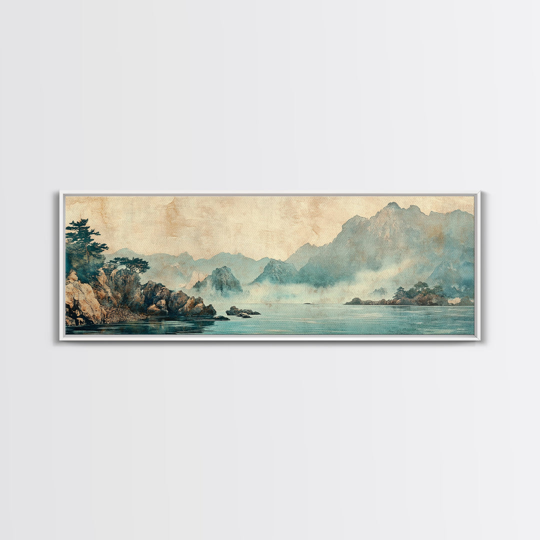 Misty Blue Mountain Lake Wall Art, Japanese Landscape Print, Zen Nature Decor, Panoramic Living Room Wall Decor, Calming Home Decor